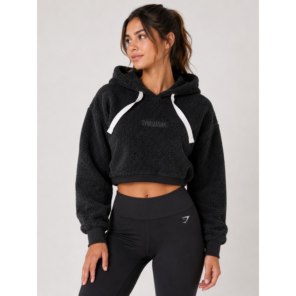 Gymshark Womens Sherpa Fleece Cropped Hoodie Black XS Borg Pullover |G1